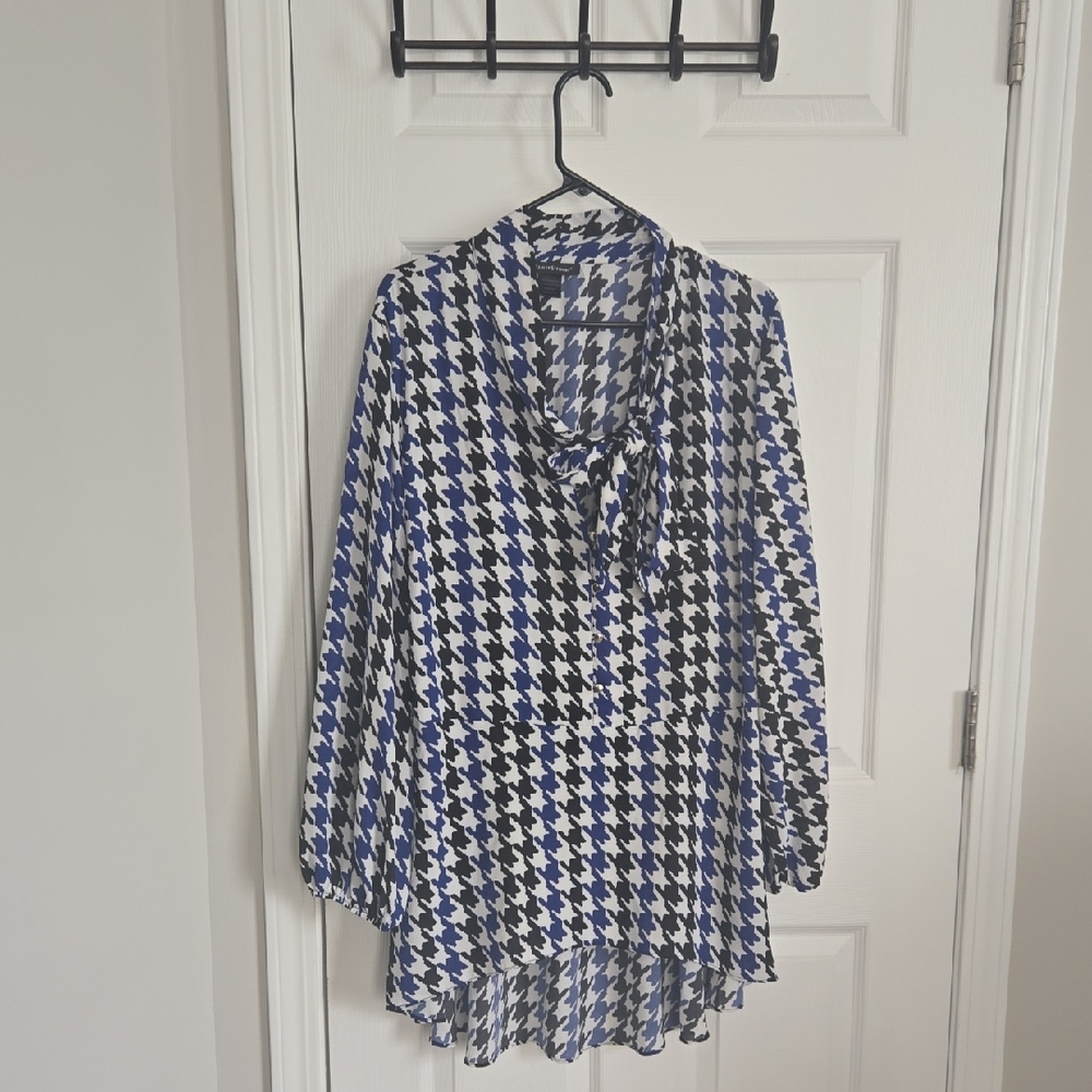 Ashley Stewart Blue Black and White Houndstooth Tie-Neck Blouse